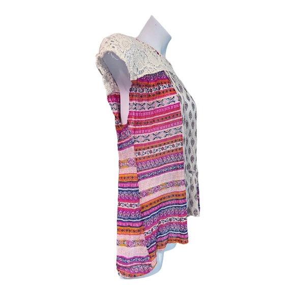 🩷Cato Stretch Mesh Lace Mixed Print Striped Boho Casual Sleeveless Summer Top - Picture 3 of 14